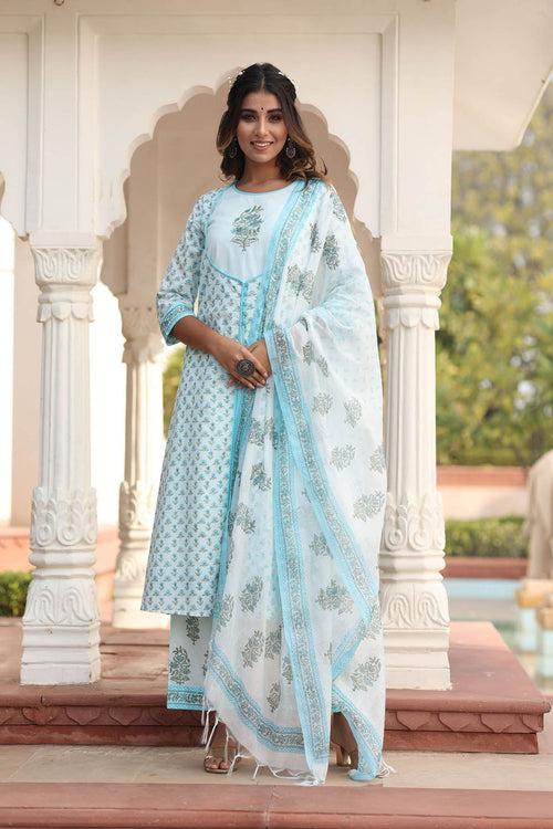 MULMUL HIRAL FLORAL MOTIFS BLOCK PRINTED KURTA-PLAZZO & DUPATTA SET