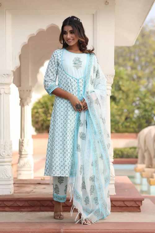 MULMUL HIRAL FLORAL MOTIFS BLOCK PRINTED KURTA-PLAZZO & DUPATTA SET