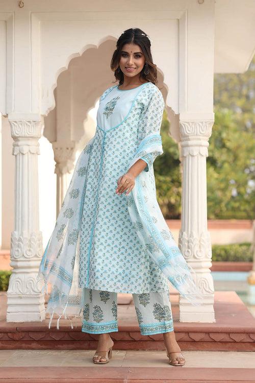 MULMUL HIRAL FLORAL MOTIFS BLOCK PRINTED KURTA-PLAZZO & DUPATTA SET