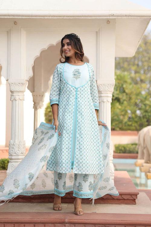 MULMUL HIRAL FLORAL MOTIFS BLOCK PRINTED KURTA-PLAZZO & DUPATTA SET