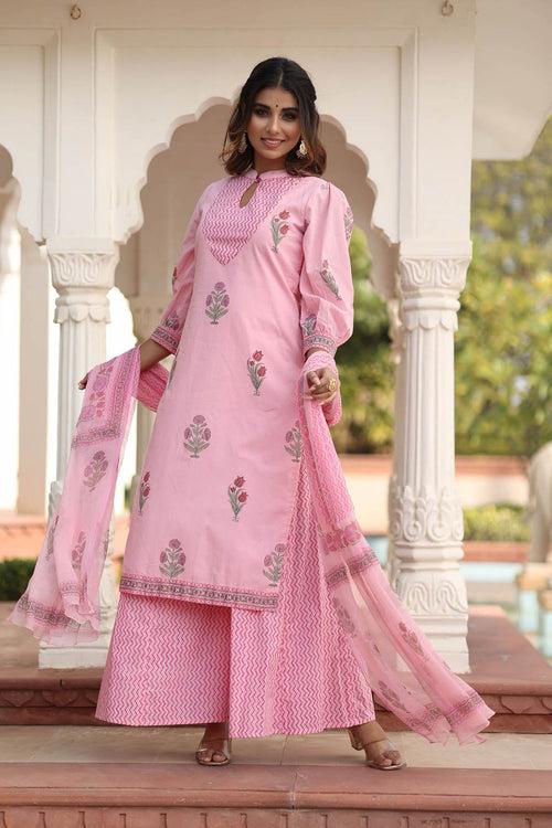 MULMUL EDHITHA BLOCK PRINTED KURTA-PANELED PLAZZO & DUPATTA SET