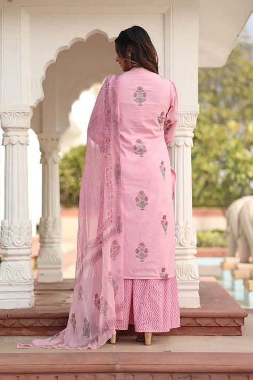 MULMUL EDHITHA BLOCK PRINTED KURTA-PANELED PLAZZO & DUPATTA SET