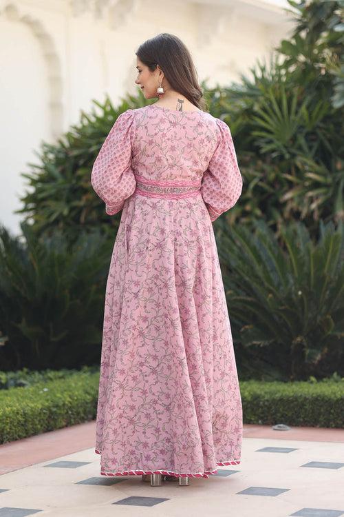 MULMUL VYANJANA FLORAL JAAL BLOCK PRINTED FIT & FLARED DRESS