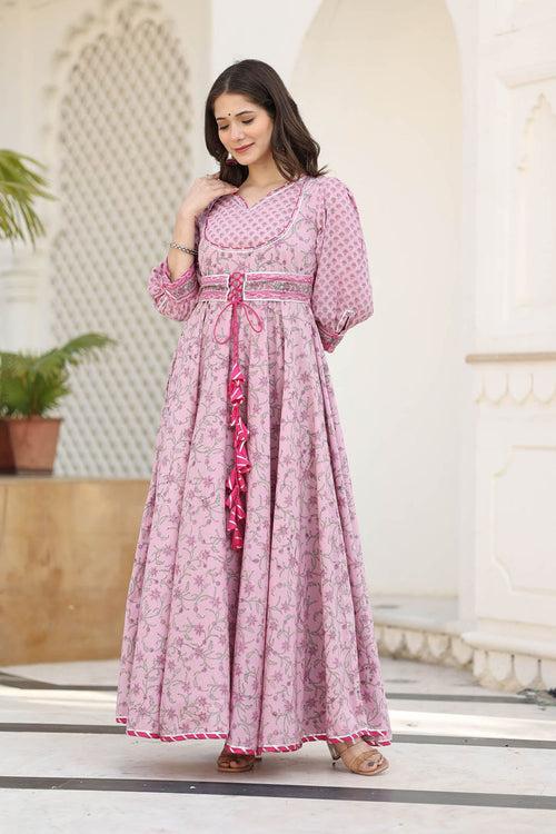 MULMUL VYANJANA FLORAL JAAL BLOCK PRINTED FIT & FLARED DRESS