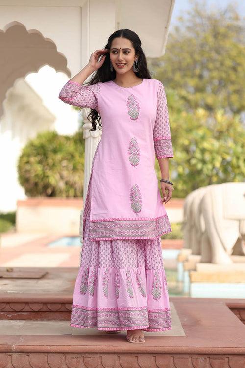 MULMUL VINAYA FLORAL MOTIFS BLOCK PRINTED KURTA-SHARARA & DUPATTA SET