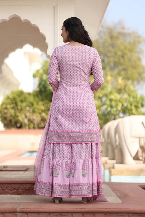 MULMUL VINAYA FLORAL MOTIFS BLOCK PRINTED KURTA-SHARARA & DUPATTA SET