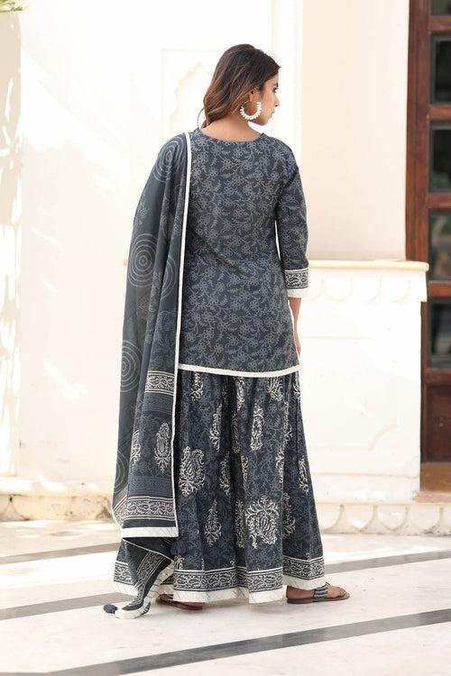 MULMUL CHESHTA BLOCK PRINTED KURTI-FLARED PLAZZO & DUPATTA SET