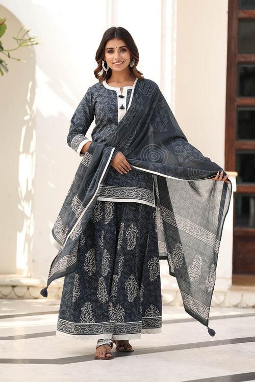 MULMUL CHESHTA BLOCK PRINTED KURTI-FLARED PLAZZO & DUPATTA SET