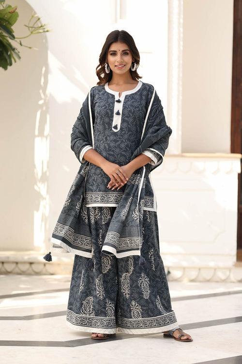 MULMUL CHESHTA BLOCK PRINTED KURTI-FLARED PLAZZO & DUPATTA SET