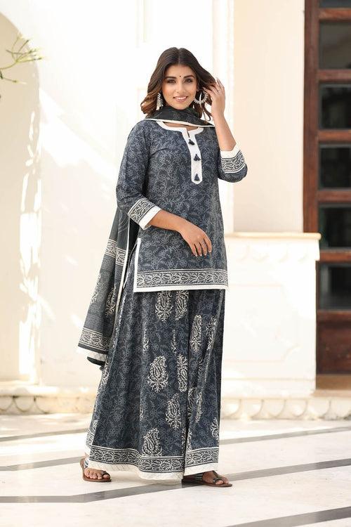 MULMUL CHESHTA BLOCK PRINTED KURTI-FLARED PLAZZO & DUPATTA SET