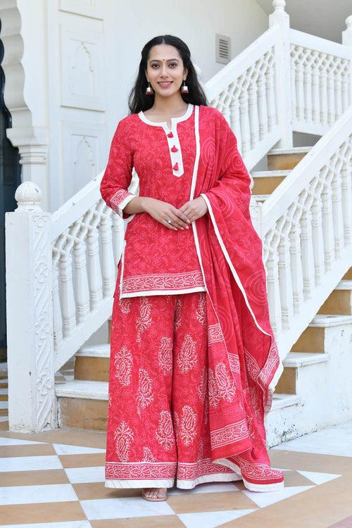 MULMUL SUBHAGYA BLOCK PRINTED KURTI-FLARED PLAZZO & DUPATTA SET