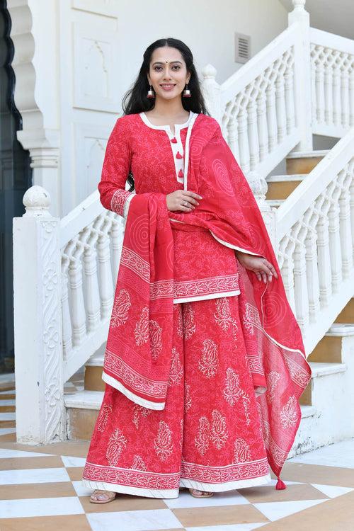 MULMUL SUBHAGYA BLOCK PRINTED KURTI-FLARED PLAZZO & DUPATTA SET