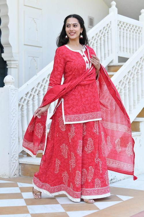 MULMUL SUBHAGYA BLOCK PRINTED KURTI-FLARED PLAZZO & DUPATTA SET