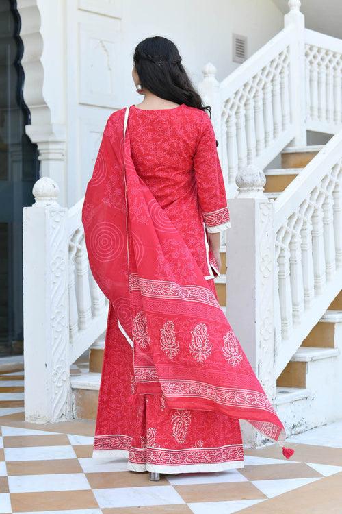 MULMUL SUBHAGYA BLOCK PRINTED KURTI-FLARED PLAZZO & DUPATTA SET