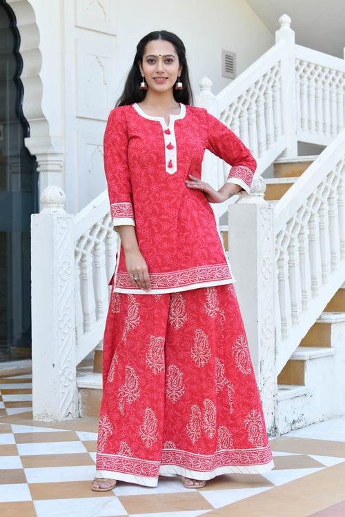 MULMUL SUBHAGYA BLOCK PRINTED KURTI-FLARED PLAZZO & DUPATTA SET