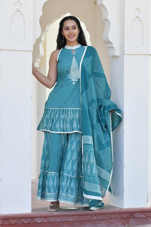 MULMUL SACHI BLOCK PRINTED KURTI-SHARARA & DUPATTA SET