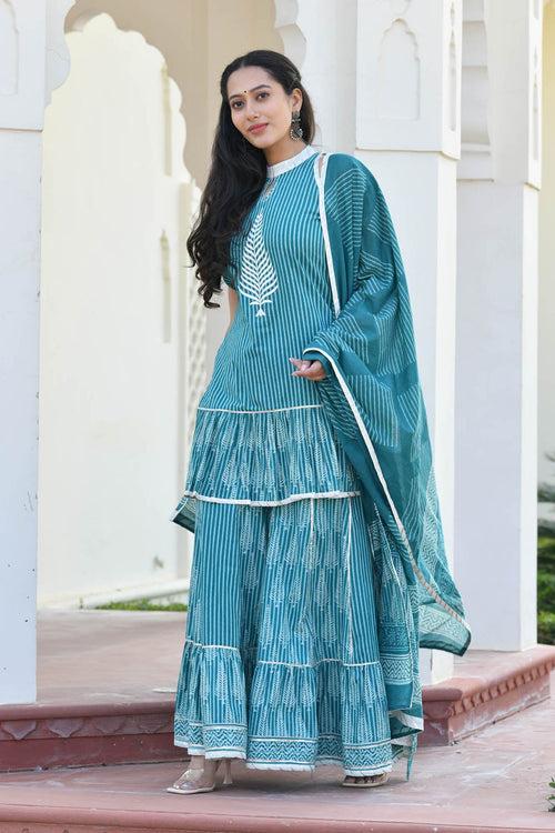 MULMUL SACHI BLOCK PRINTED KURTI-SHARARA & DUPATTA SET