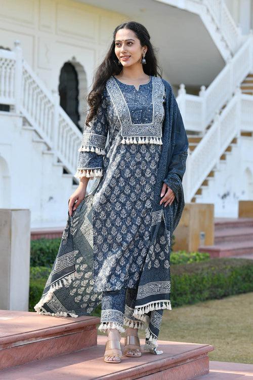 MULMUL ADHUNA BLOCK PRINTED KURTA-PANTS & DUPATTA SET