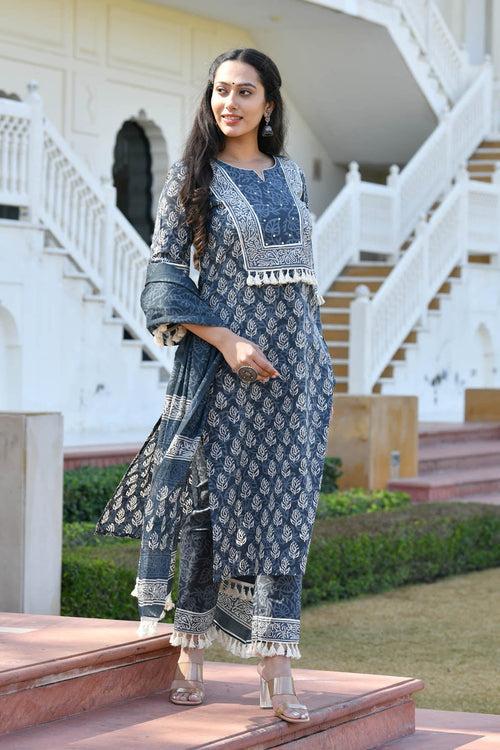 MULMUL ADHUNA BLOCK PRINTED KURTA-PANTS & DUPATTA SET