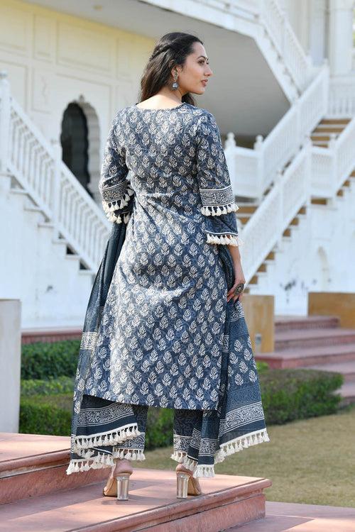 MULMUL ADHUNA BLOCK PRINTED KURTA-PANTS & DUPATTA SET