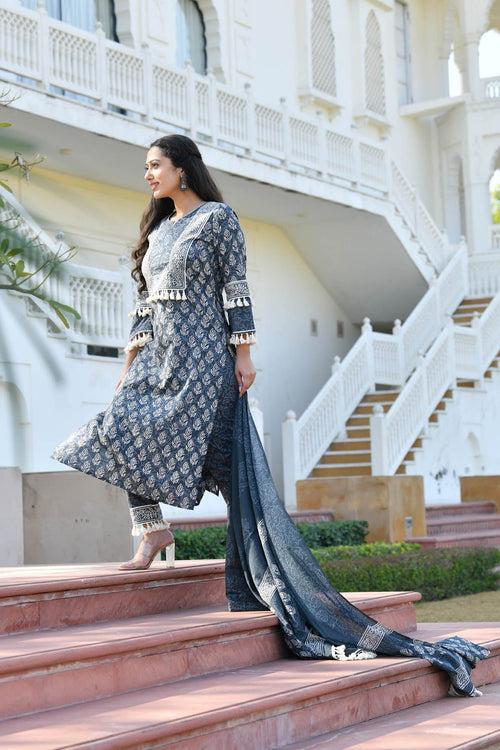 MULMUL ADHUNA BLOCK PRINTED KURTA-PANTS & DUPATTA SET