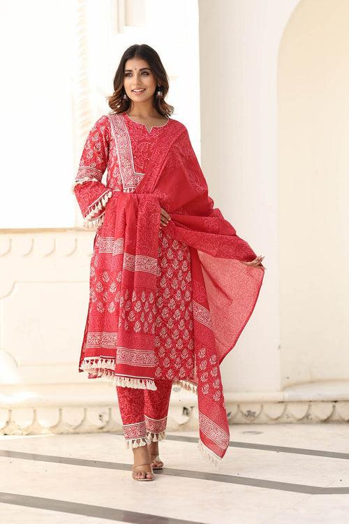 MULMUL BANHI BLOCK PRINTED KURTA-PANTS & DUPATTA SET