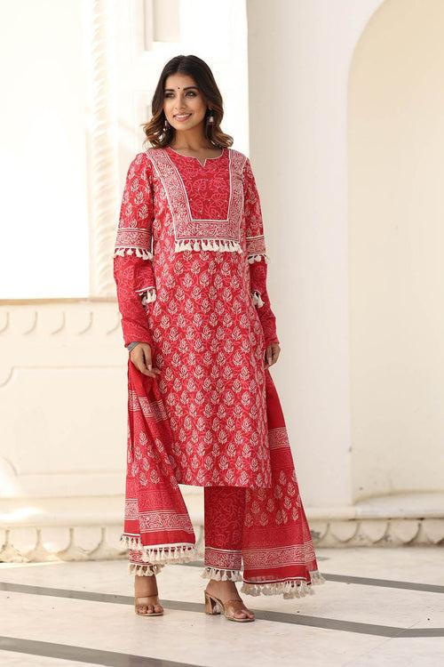 MULMUL BANHI BLOCK PRINTED KURTA-PANTS & DUPATTA SET