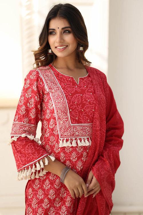 MULMUL BANHI BLOCK PRINTED KURTA-PANTS & DUPATTA SET