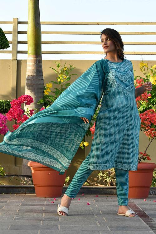 MULMUL AANAVI BLOCK PRINTED KURTA-PANTS & DUPATTA SET