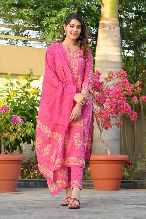 MULMUL ABHATI BLOCK PRINTED KURTA-PANTS & DUPATTA SET