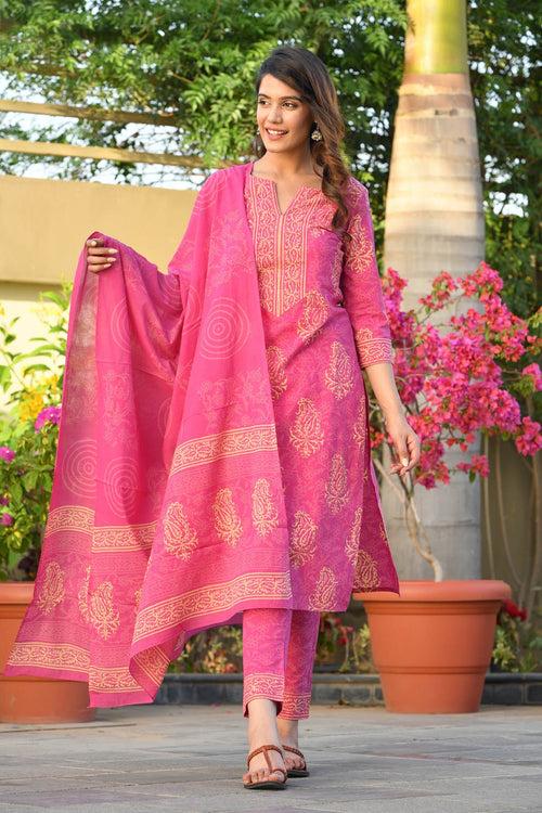 MULMUL ABHATI BLOCK PRINTED KURTA-PANTS & DUPATTA SET