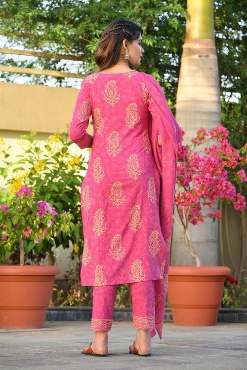 MULMUL ABHATI BLOCK PRINTED KURTA-PANTS & DUPATTA SET