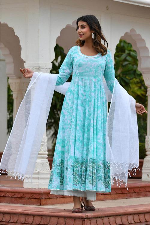 MULMUL OPAL GREEN TIE DYED & BLOCK PRINTED PANELED KURTA-PLAZZO & DUPATTA