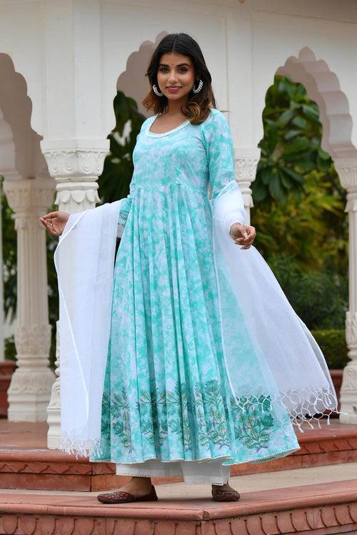 MULMUL OPAL GREEN TIE DYED & BLOCK PRINTED PANELED KURTA-PLAZZO & DUPATTA