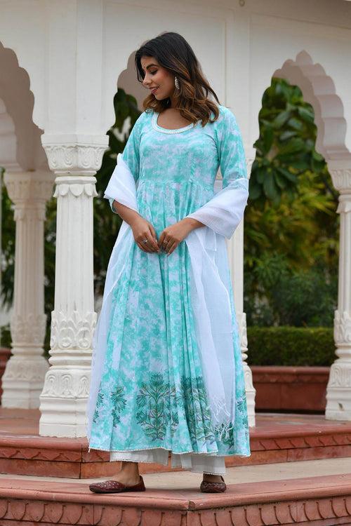 MULMUL OPAL GREEN TIE DYED & BLOCK PRINTED PANELED KURTA-PLAZZO & DUPATTA