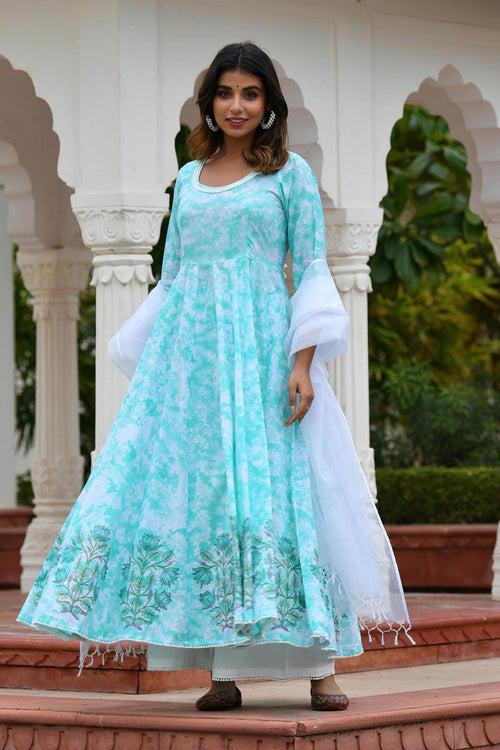 MULMUL OPAL GREEN TIE DYED & BLOCK PRINTED PANELED KURTA-PLAZZO & DUPATTA