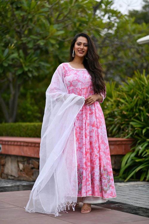 MULMUL SEA PINK TIE DYED & BLOCK PRINTED PANELED KURTA-PLAZZO & DUPATTA