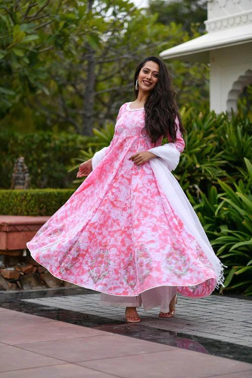 MULMUL SEA PINK TIE DYED & BLOCK PRINTED PANELED KURTA-PLAZZO & DUPATTA