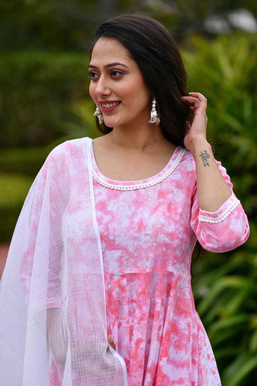 MULMUL SEA PINK TIE DYED & BLOCK PRINTED PANELED KURTA-PLAZZO & DUPATTA