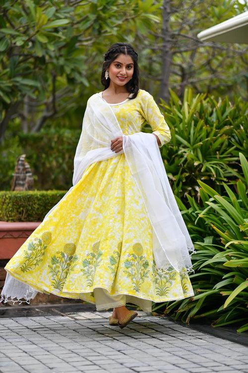 MULMUL MAIZE YELLOW TIE DYED & BLOCK PRINTED PANELED KURTA-PLAZZO & DUPATTA