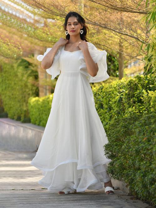 MULMUL LIBNI PEARL WHITE CHIFFON LAYERED DRESS