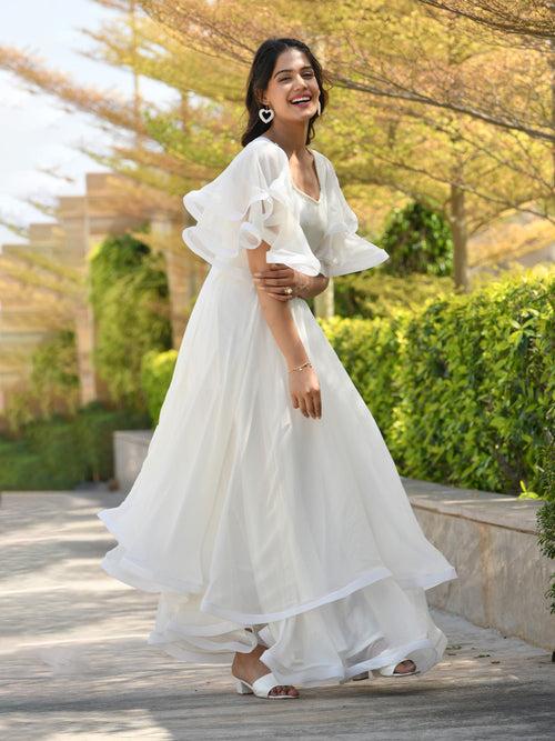 MULMUL LIBNI PEARL WHITE CHIFFON LAYERED DRESS