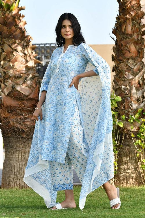 MULMUL MAGADHI BLOCK PRINTED KURTA-PANTS & DUPATTA SET