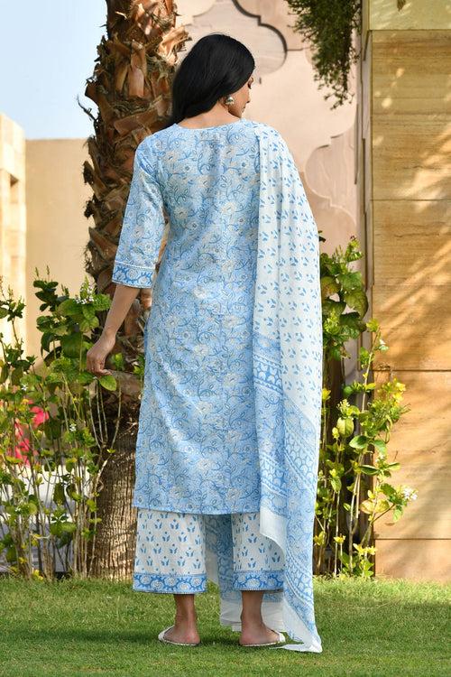 MULMUL MAGADHI BLOCK PRINTED KURTA-PANTS & DUPATTA SET