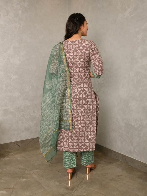 MULMUL KRITI BLOCK PRINTED KURTA-PANTS & DUPATTA SET