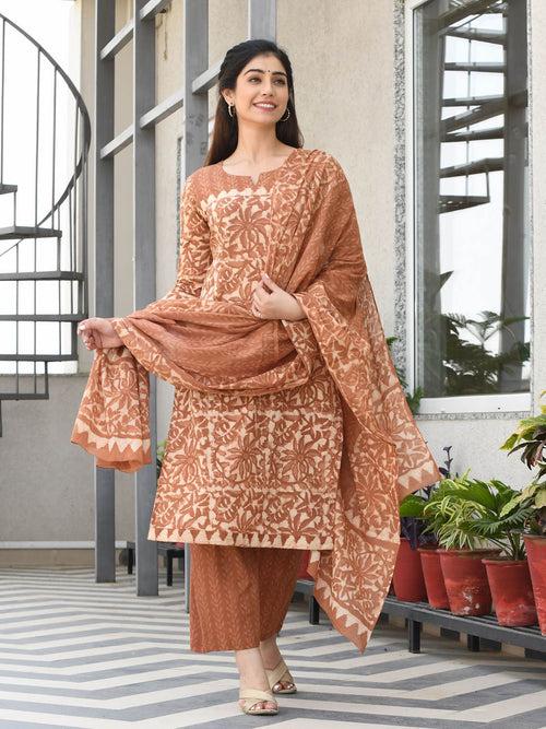 MULMUL TARITA BLOCK PRINTED KURTA-PANTS & DUPATTA SET