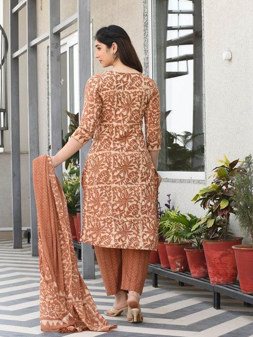 MULMUL TARITA BLOCK PRINTED KURTA-PANTS & DUPATTA SET