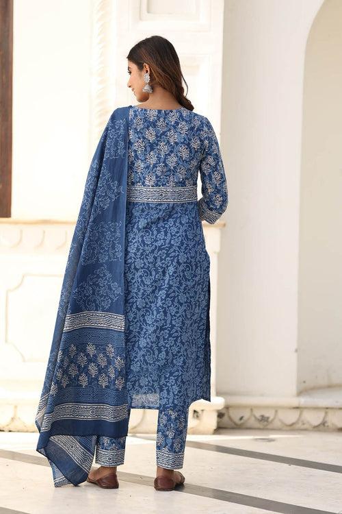 MULMUL YAHVI BLUE BLOCK PRINTED KURTA-PANTS & DUPATTA SET