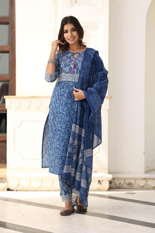 MULMUL YAHVI BLUE BLOCK PRINTED KURTA-PANTS & DUPATTA SET