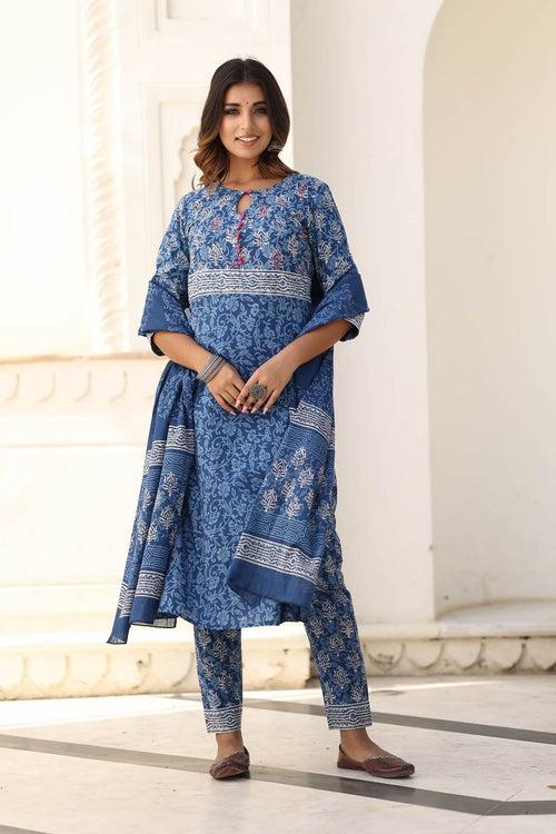 MULMUL YAHVI BLUE BLOCK PRINTED KURTA-PANTS & DUPATTA SET